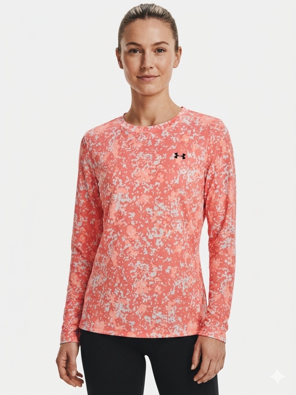 Under Armour Women Tech Twist Long Sleeve Crew Neck Top Pink Orange Pattern 1775